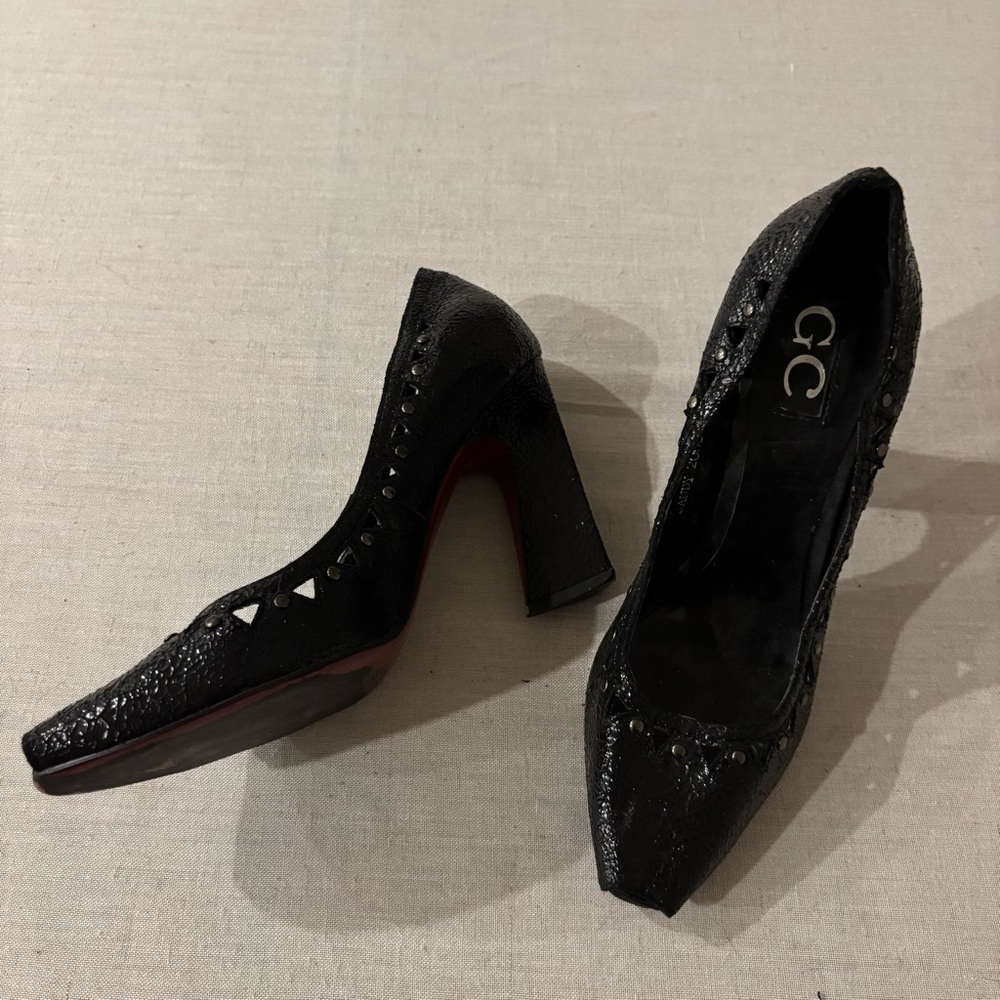 Vintage GC Black Open Toe Heels Size 38 Sandy 2008-6 Chunky Block Heel